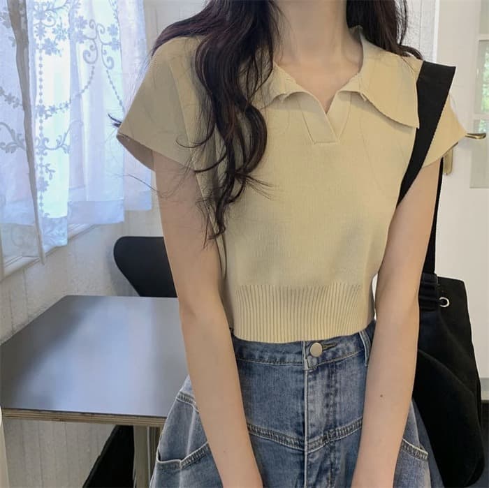 骨格ウェーブ服ショート丈Vネックニットトップス