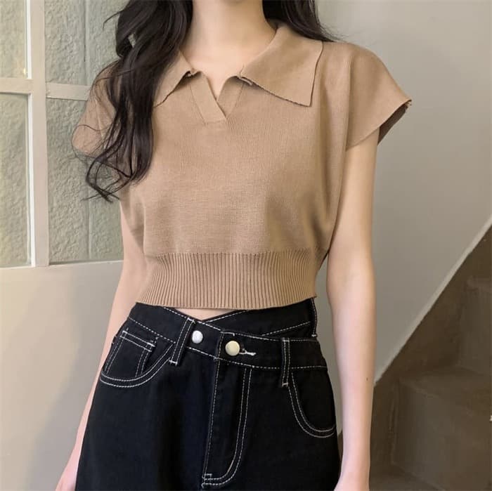 骨格ウェーブ服ショート丈Vネックニットトップス