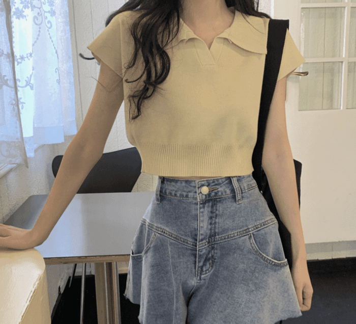 骨格ウェーブ服ショート丈Vネックニットトップス