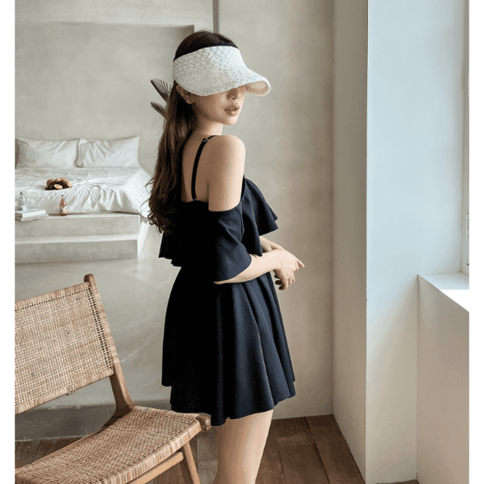 骨格ウェーブ服2wayオフショルワンピース水着