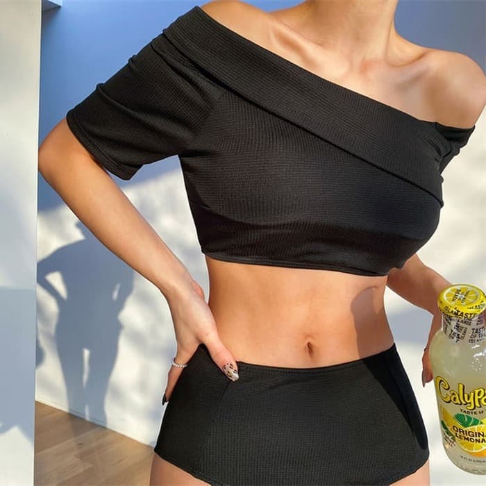 骨格ウェーブ服2wayオフショルダー水着
